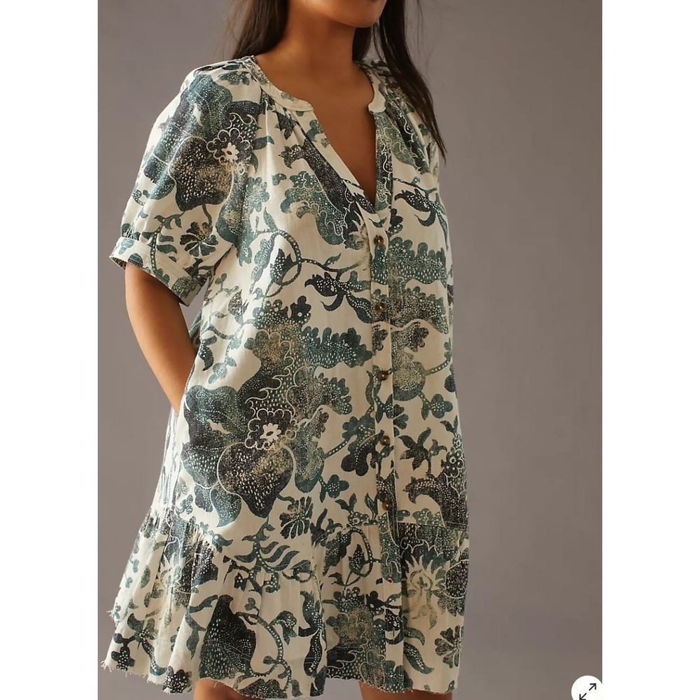 Pilcro Mini Dress Women Blue Floral Batik Button Front Ruffle Hem Pockets Boho